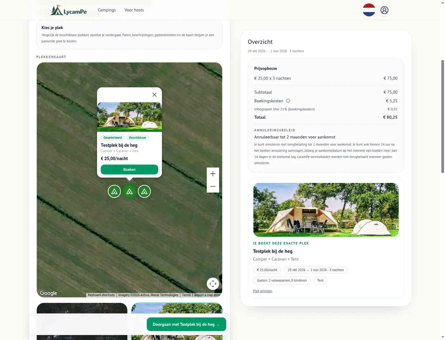 LycamPe-Karte zur Stellplatzauswahl mit ausgewähltem Teststellplatz, Foto und Beispielpreis