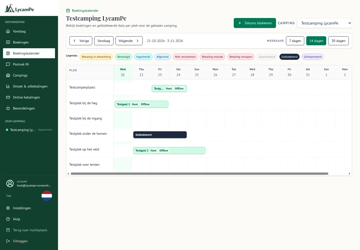 LycamPe-boekingskalender met zes testplekken, handmatig toegevoegde reserveringen en een geblokkeerde periode