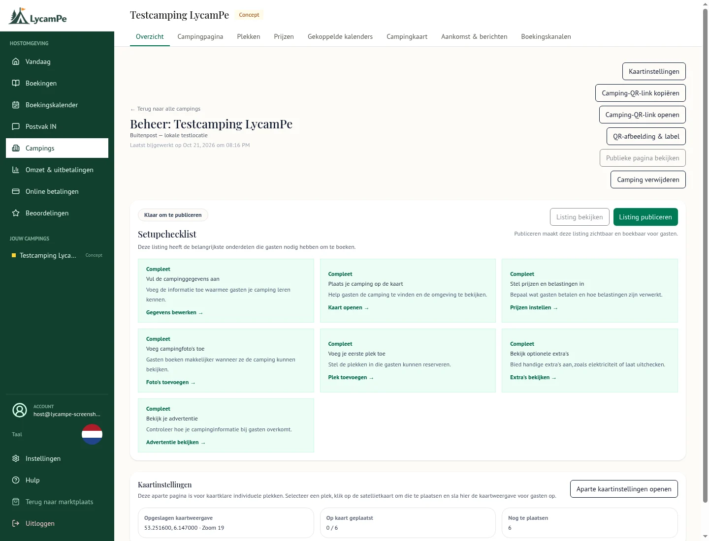 Publicatieoverzicht van een testcamping met een checklist voor gegevens, foto’s, prijzen en plekken