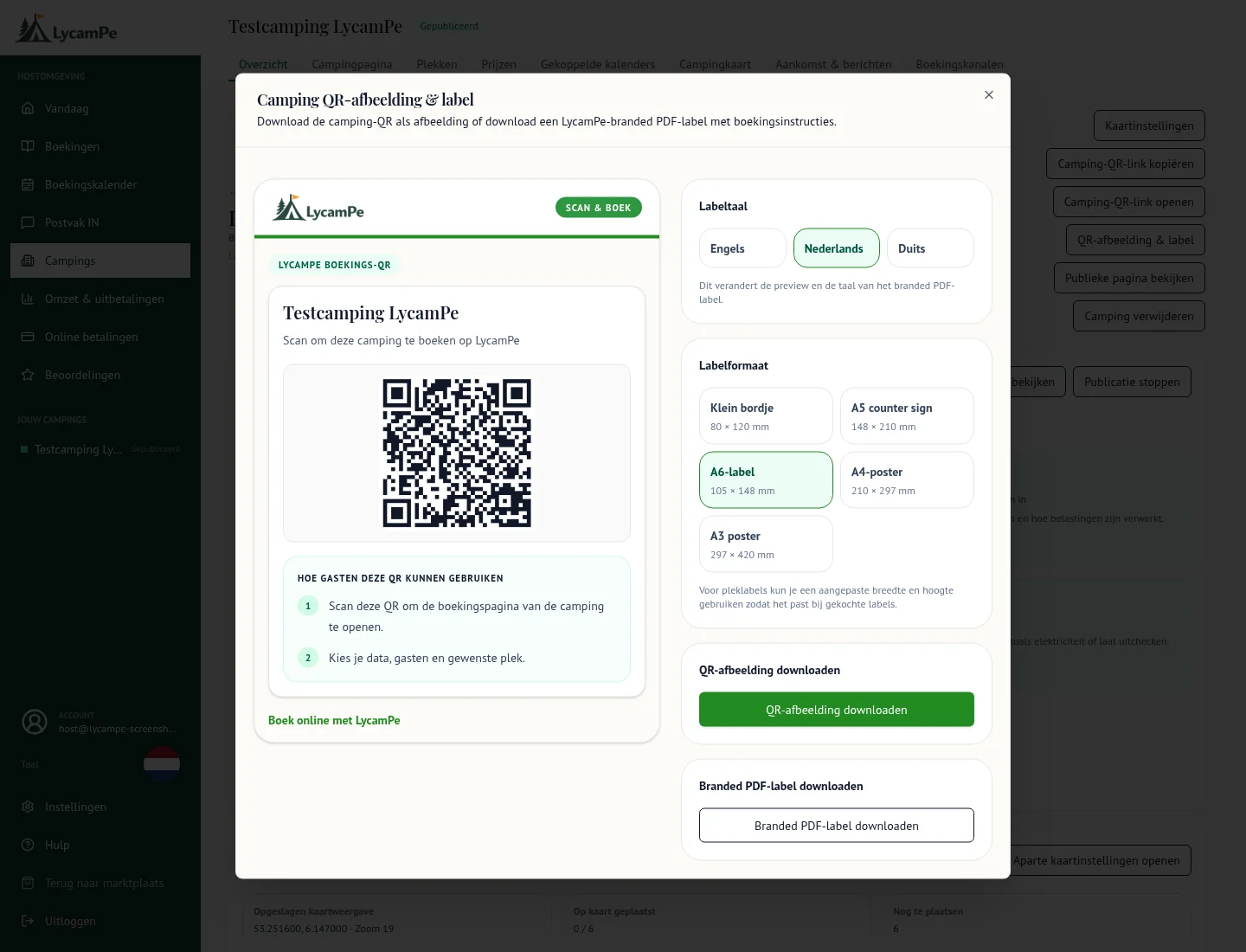LycamPe-Einstellungen für QR-Schilder mit Sprachauswahl, Papierformaten und einem QR-Code für einen lokalen Testcampingplatz