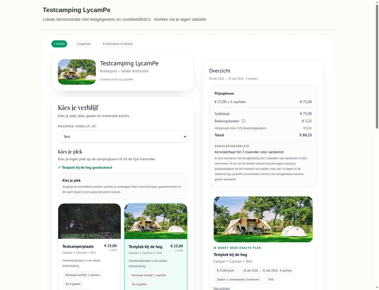 Das echte LycamPe-Buchungsformular auf einer lokalen Beispielwebsite mit ausgewähltem Teststellplatz
