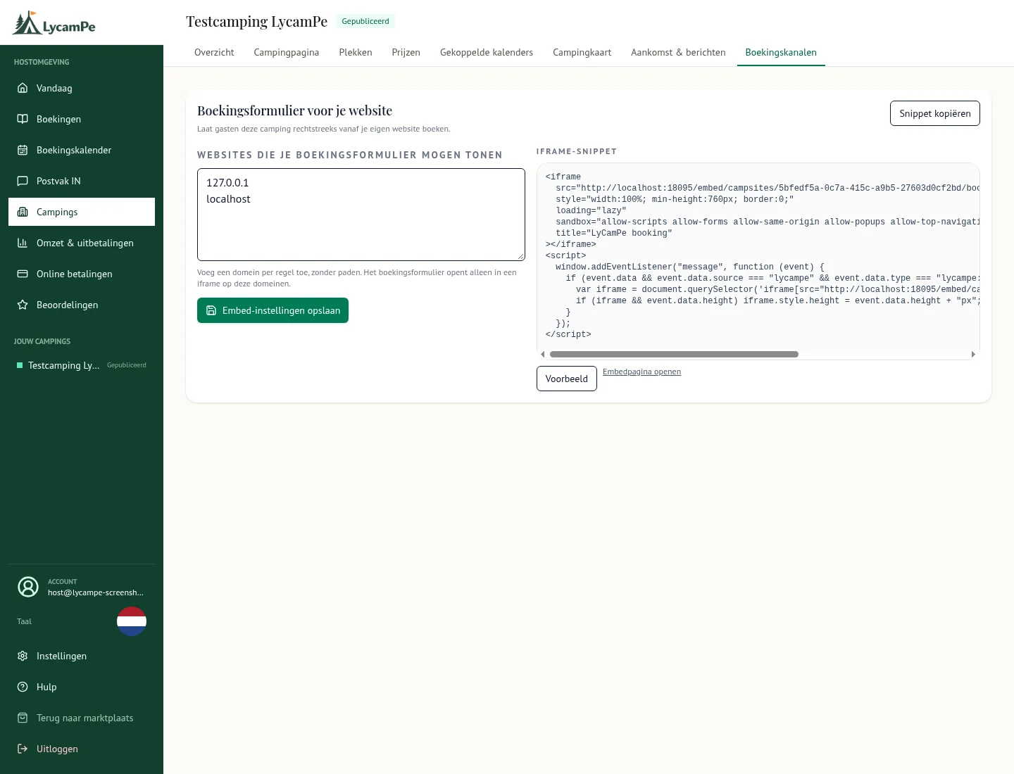 Einstellungen für Websitebuchungen mit freigegebenen Testdomains und dem iframe-Code des Buchungsmoduls